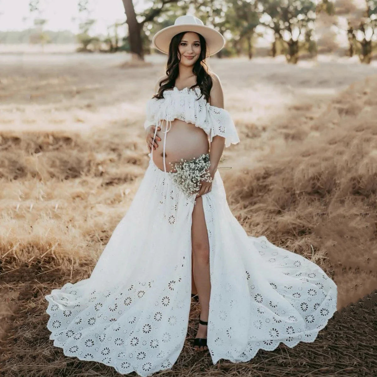 nvxiot - Cotton 2 in 1 Maternity Photography Props Outfit Slash Neck Lace Pregnancy Photo Shoot Dress Sets