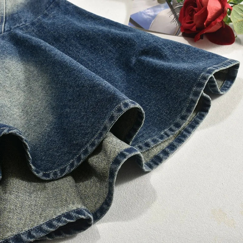 nvxiot - Women Fashion Grommet Lace Up Fit Flare Mini Denim Dress Sexy Strapless Zip-up Backless Ruffles Casual Jeans Streetwear Clubwear