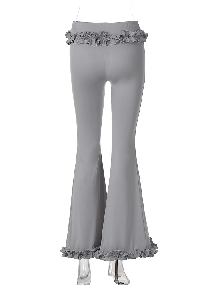 nvxiot - Women Ruffles Slim Flare Pants Elastic Waist Fashion All Match Boot Cut Trousers Summer Casual Streetwear Bottoms