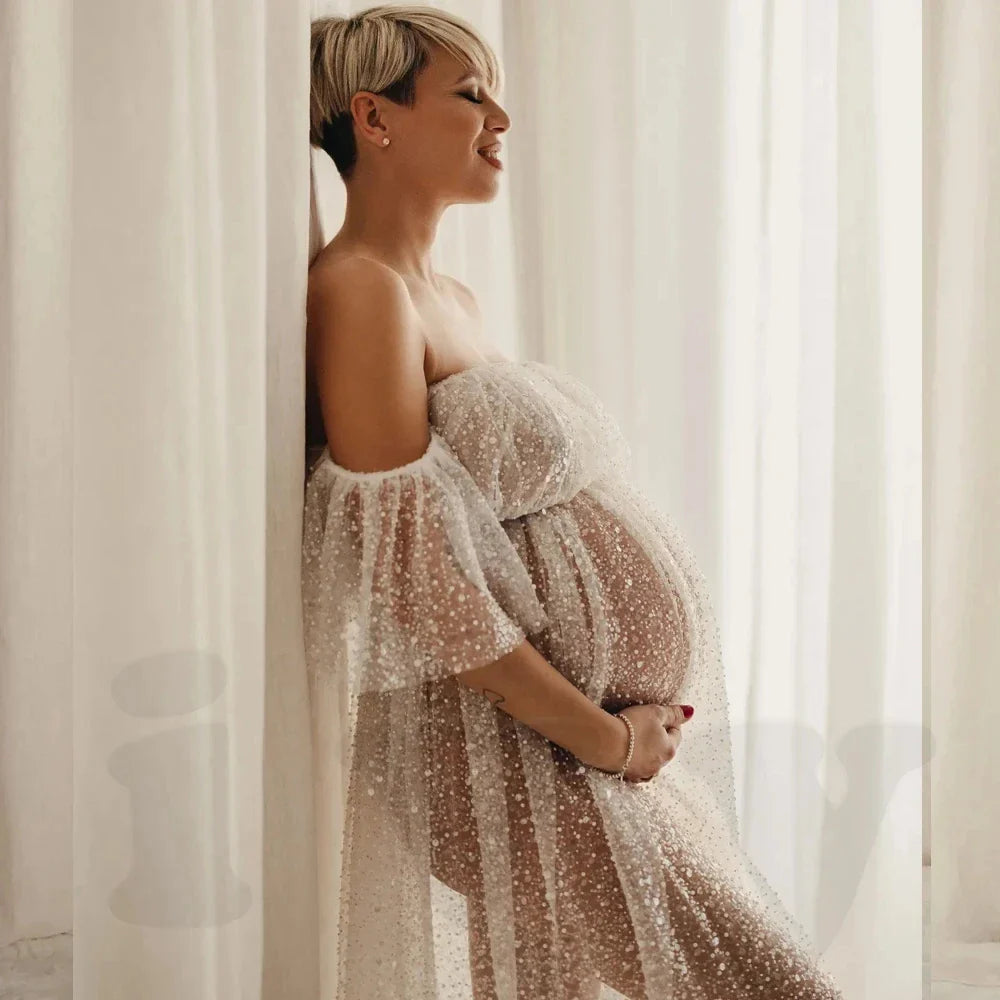 nvxiot - Women's Boho Dress Sequin Sheer Dress For The Maternity Session Maternity Photo Props Pregnancy Photography Babyshower Dress