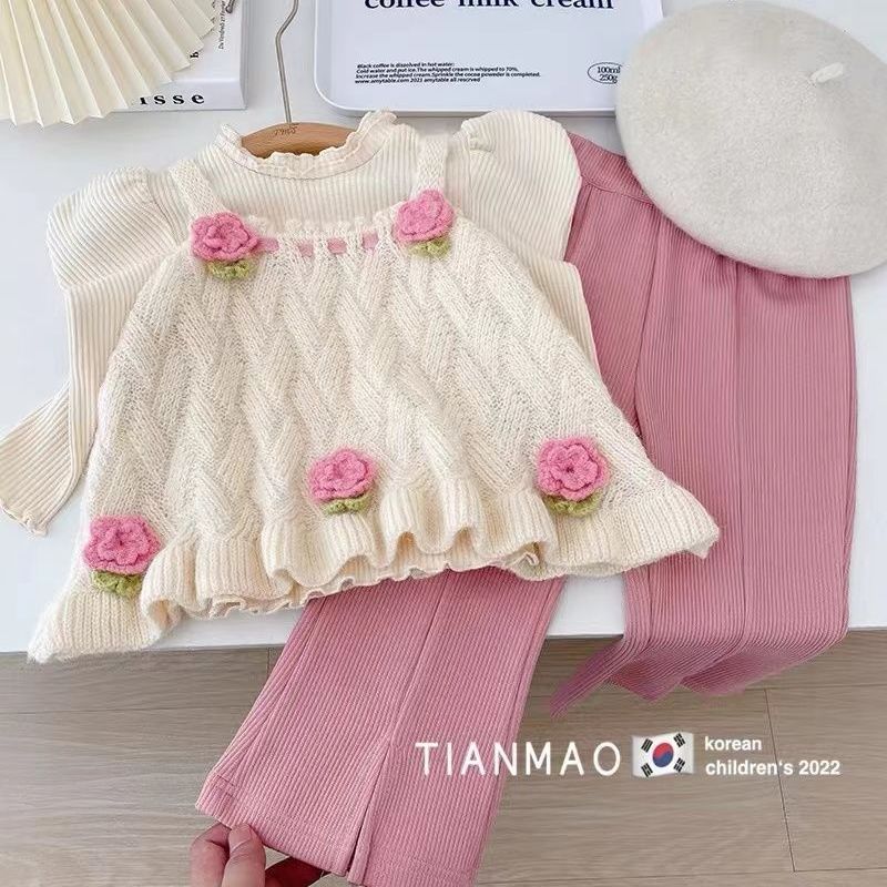 nvxiot Children Cute Tops Clothing Spring Autumn Girls Clothes Set New Fashion Korean Style knitting Vest Shirts Flare Pants Kids 3Pcs