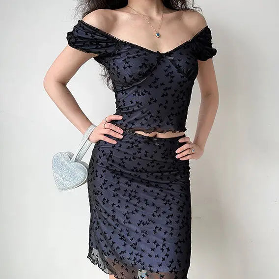 MQTIME - American Spicy Girl Butterfly Mesh Short Sleeve T-shirt Top+Hip Wrap Sexy Short Skirt Set Summer Two Pieces Sets Women Outfits