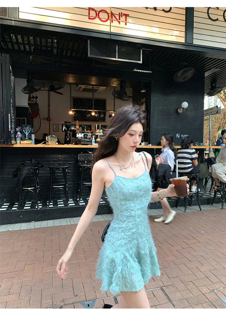 MQTIME - Bodycon Sexy Y2k Mini Dress Women Casual Pure Color Elegant Dress Female Even Party Vintage Beach Style Korean Fashion Clothing