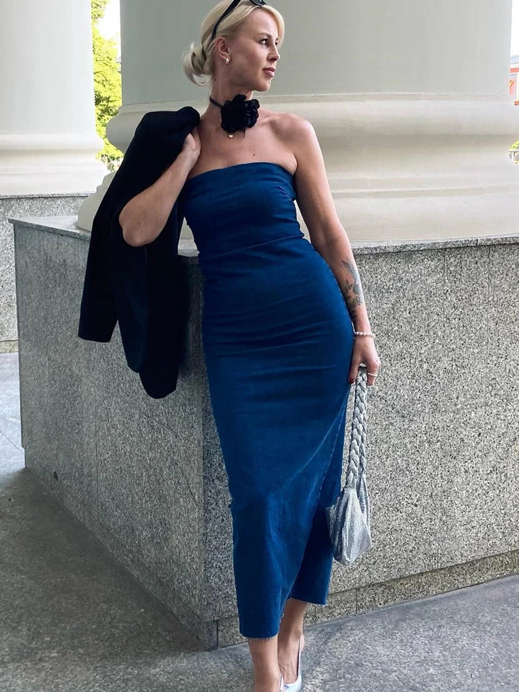 MQTIME - Women Sexy Elastic Denim Dresses Midi Elegant Summer Strapless Dress Slim Fit Party Vestidos High Street Outwear