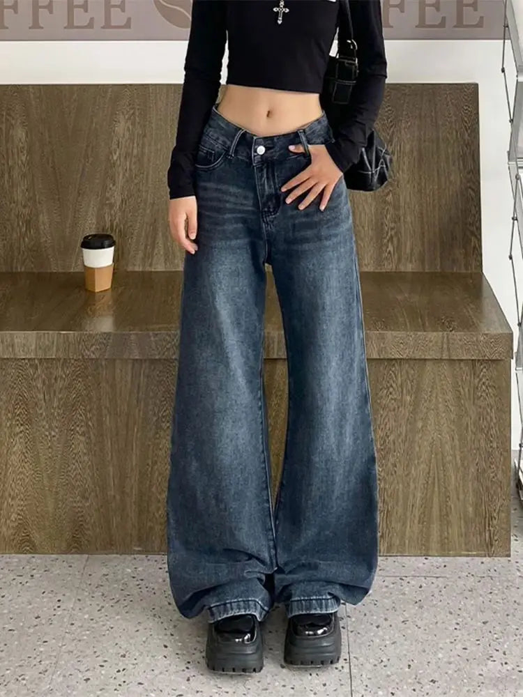 nvxiot - Vintage Blue Jeans Women Streetwear Casual Baggy Pants Wide Leg Korean Fashion Basic Denim Trousers High Street