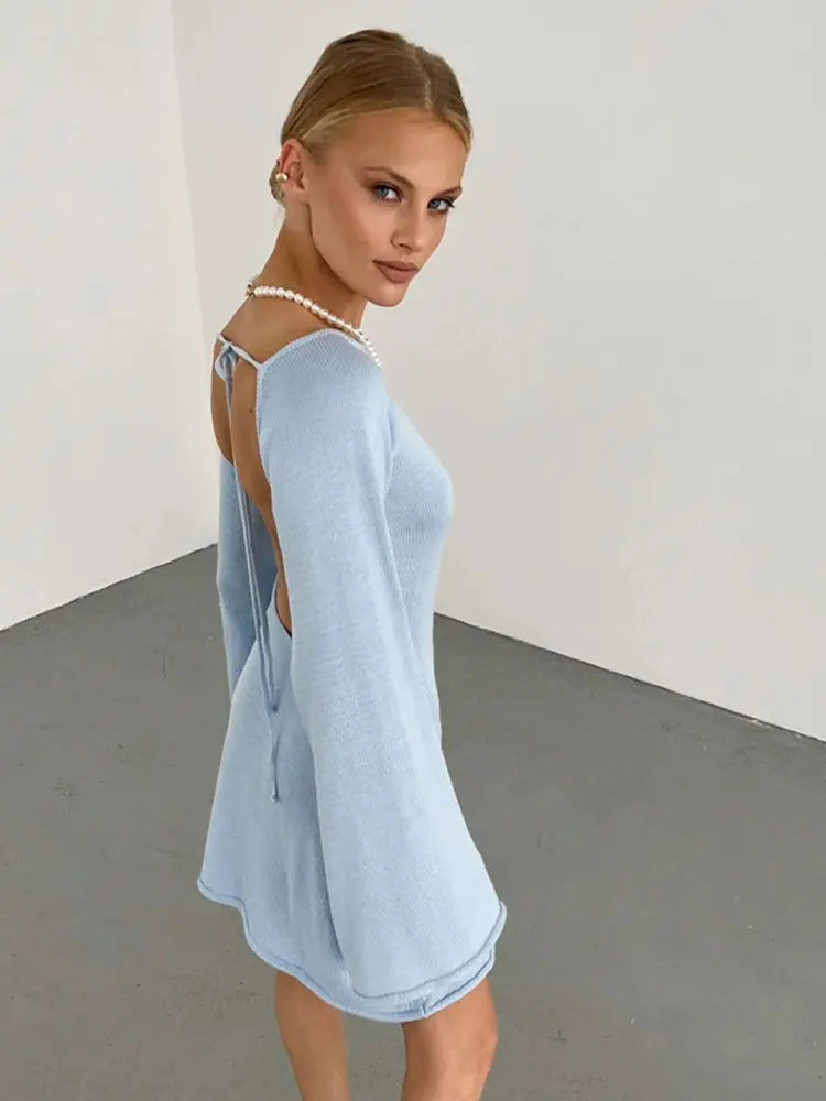 nvxiot Elegant Solid Backless Lace Up Knit Mini Dress Women U-neck Flare Long Sleeve A-line Dresses 2024 Summer Lady Beach Chic Robe