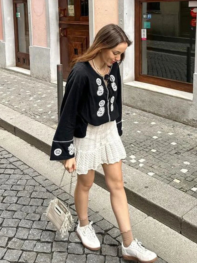 MQTIME - Embroidery Hollow Out Shirts Women Casual Bow Lace Up O-neck Flare Long Sleeve Blouses Lady 2024 Spring Summer Elegant Tops