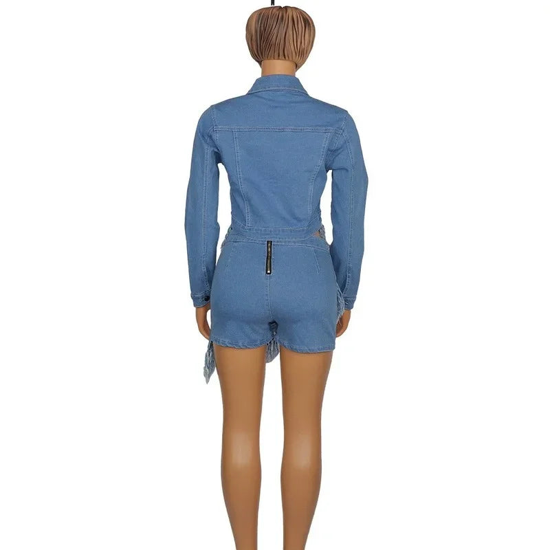 nvxiot - Jeans Tassel Two-piece Women's Clothing Denim Sportswear Long Sleeve Crop Top Mini Skirt Pants Suit High Quality Vestidos 2024