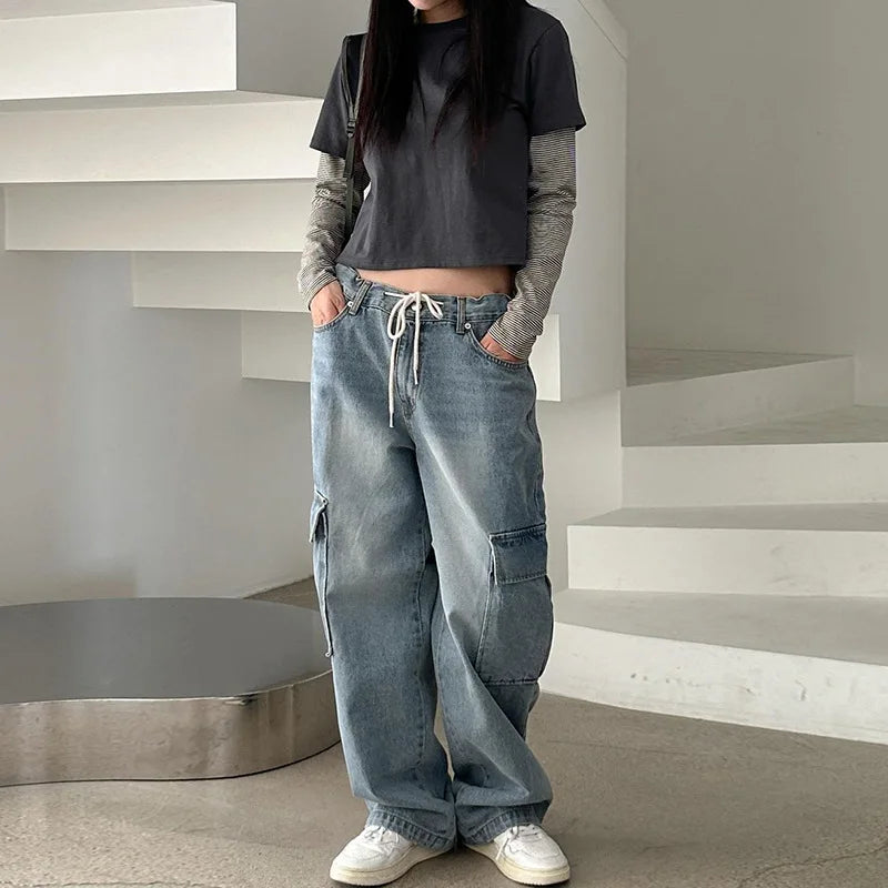 nvxiot American lace-up low waist cargo jeans women's wash blue loose draping mopping pants large pocket denim cargo pants summer thin