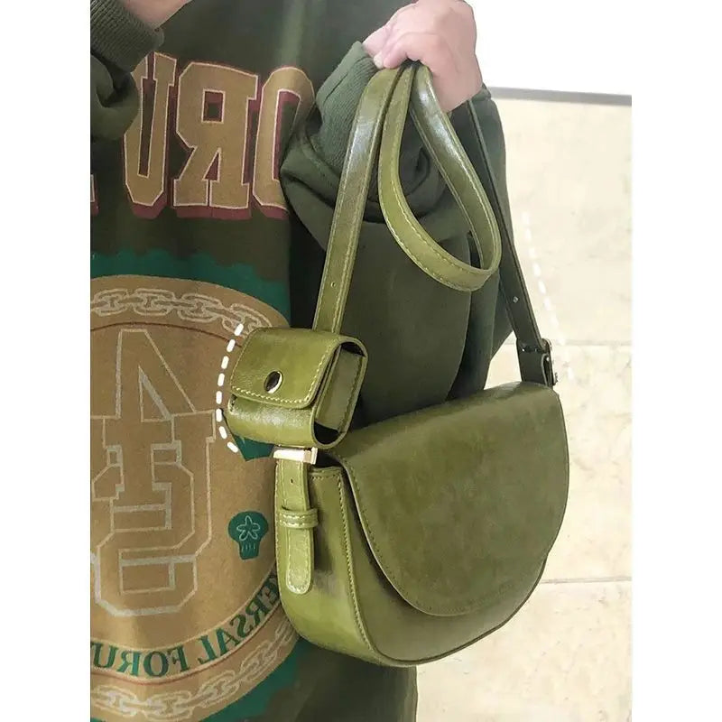 nvxiot - Vintage Green Shoulder Bag Women High Street Leather Casual Saddle Bag Handbag Female Retro Solid Crossbody Bags Ladies