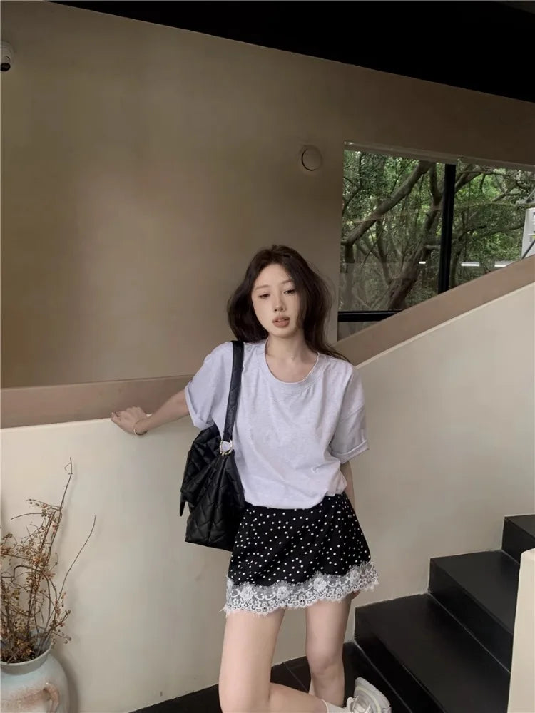 MQTIME - Vintage Dot Print Black Skirt Women Lace Patchwork Elastic High Waist Mini Skirts Summer Korean Fashion Cutecore Clothes