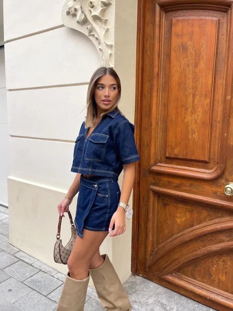 MQTIME - Women's 2024 Summer New Retro Versatile Short Denim Shirt 6164/070 Asymmetric Denim Skirt Shorts 6164/068