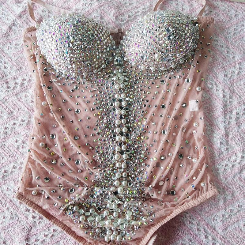 nvxiot - Sexy Luxury Pregnant Photography Bodysuit Heavy Industry Embroidery Water Diamond Pearl Maternity Clothing See-through Blouses