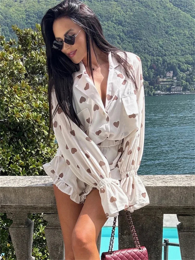 nvxiot - Autumn 2 Piece-Set Shorts For Women Printed Pocket Shirts And High Waist Slim Shorts Sets Female Casual Contrast Outfits