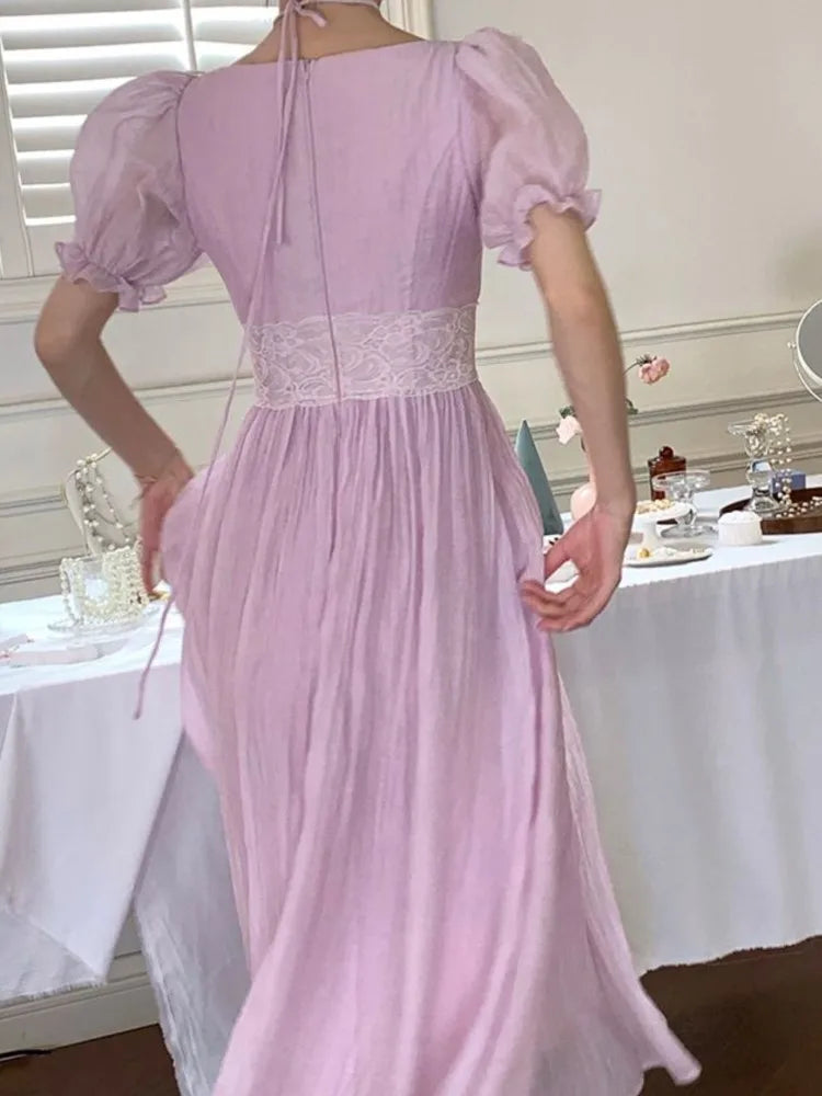 MQTIME - French Puff Sleeve Women Dress For Summer New Vintage Slim Waist Party Midi Dresses Chic V-neck Lace Lady Vestidos Robe A-line