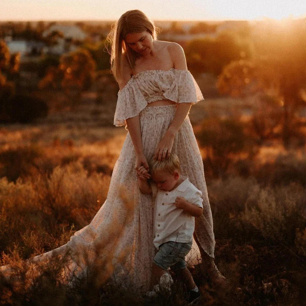 nvxiot - Maternity Photography Dress Elegant Floral chiffon Two-Piece Dress Photoshoot Photography Dress For Women Baby Showers