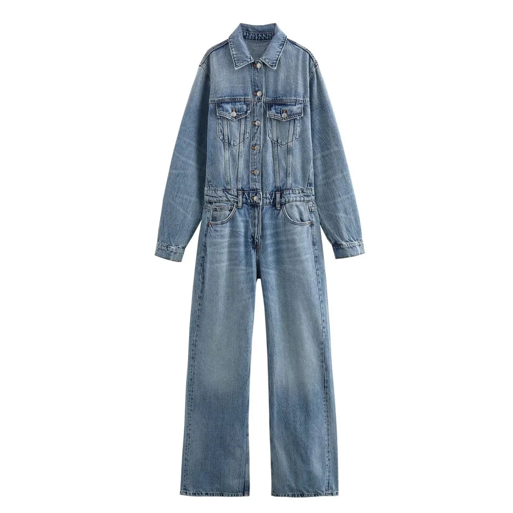 nvxiot - 2024 Summer New Women's Retro Polo Collar Long sleeved Washed Effect Patch Bag Decoration denim jumpsuit