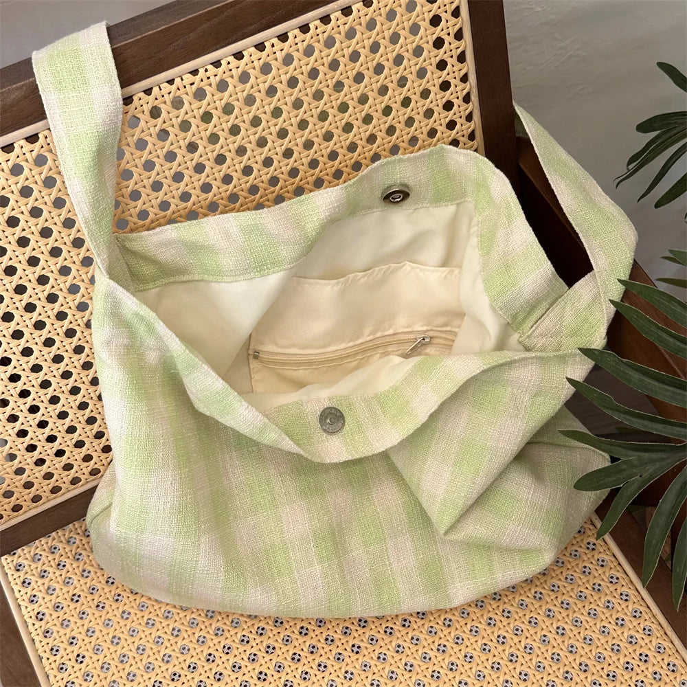 nvxiot - Retro Plaid Women's Canvas Shoulder Bag Casual College Girls Book Tote Travel Messenger Bags Female Eco Shopping Bag Handbags