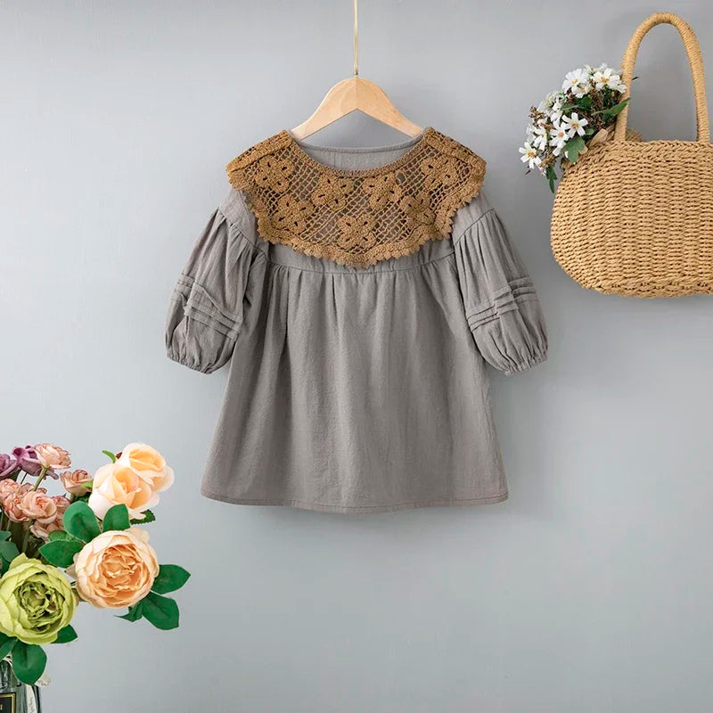 MQTIME - Fall Girls Clothes Girls Dress Spring Autumn New Korean Fashion Retro Lace Long Sleeve Toddler Girl Dresses Baby Girl Dress 2-7Y