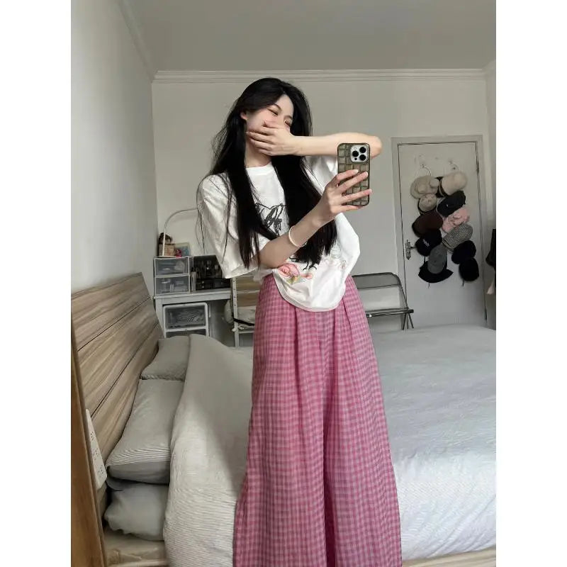 nvxiot - High Waist Loose Straight Long Pink Plaid Pant Women's Pants 2024 y2k Wide Leg Trouser Summer Boho Baggy Leg Korean Casual