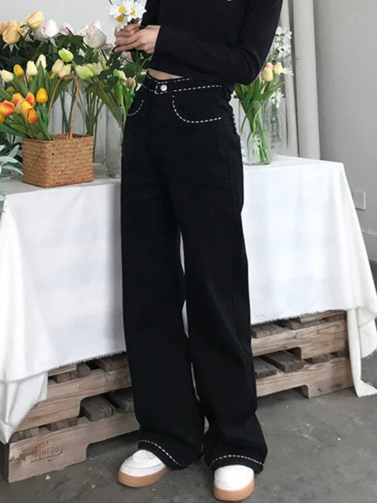 nvxiot - Flower Embroidery Vintage Streetwear Jeans Women Pockets Korean Fashion Denim Pants Female High Waist Sweet Casual Pants