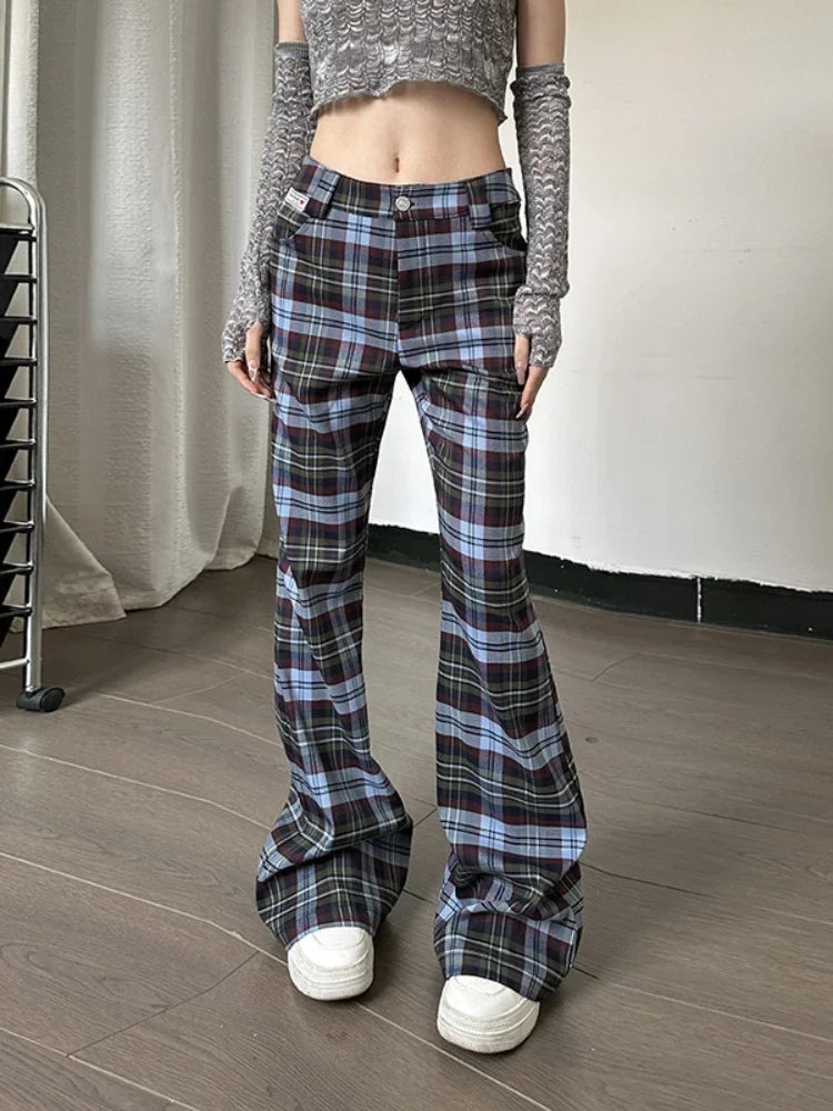 nvxiot - Y2k Flare Pants Women Gyaru Plaid Print Slim Fit Casual Straight Leg Pants Summer Clothes for Women Fashion Trousers