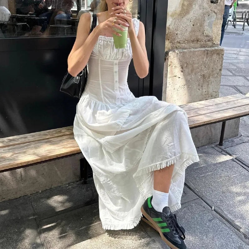 nvxiot White Spaghetti Strap Dress for Women Elegant High Waisted Lace Up Slim Dresses Female Pleated Chic Square Collar Long Vestidos