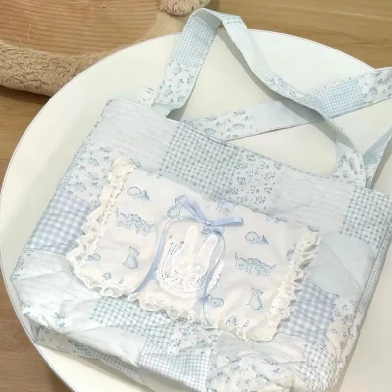 MQTIME - Harajuku Aesthetic Blue Shoulder Bags Women Sweet Lolita Bow Lace Rabbit Cute Handbag Ladies Large Capacity Tote Bag Y2k