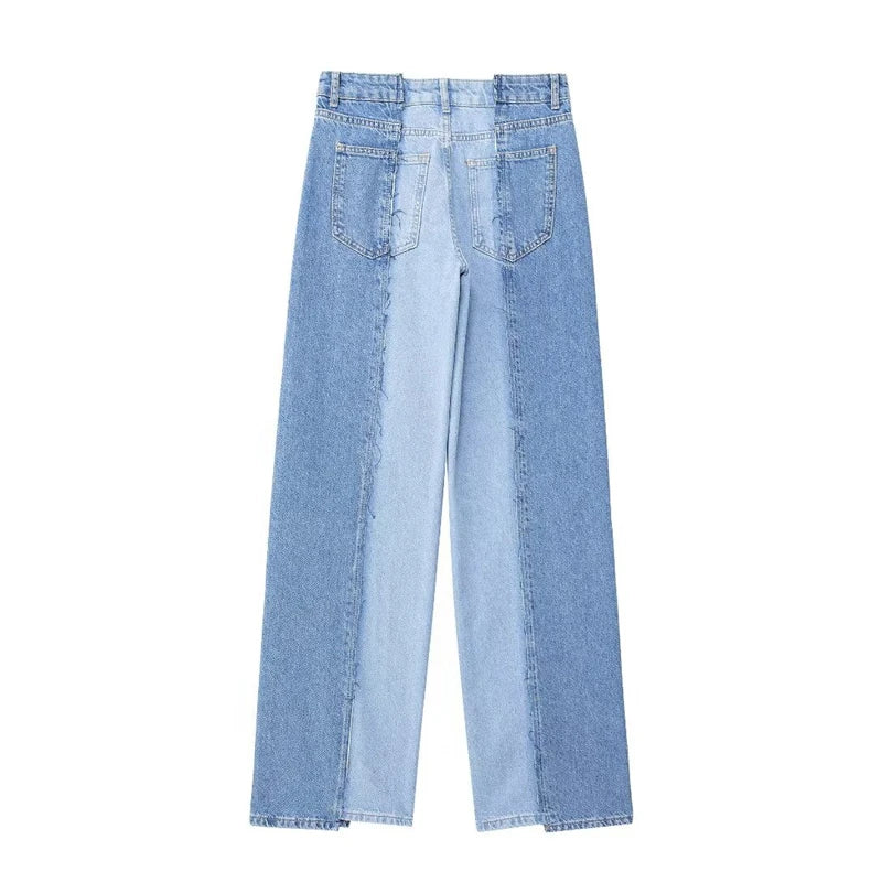 MQTIME - Women's 2024 Summer New Fashion Trendy High Street High Waist Contrast Color Splicing Straight Leg Jeans 5862/072