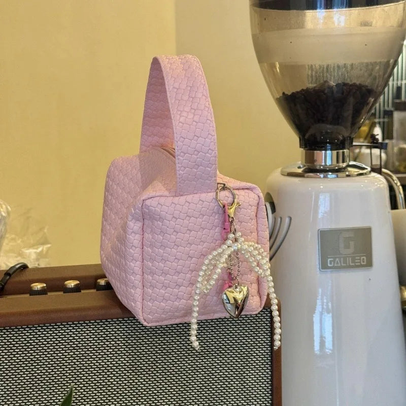 nvxiot - Pink Sweet Handbags for Women Weave Pattern Pu Leather Cosmetic Bag Portable Fashion Small Cute Elegant Ladies New in Bag