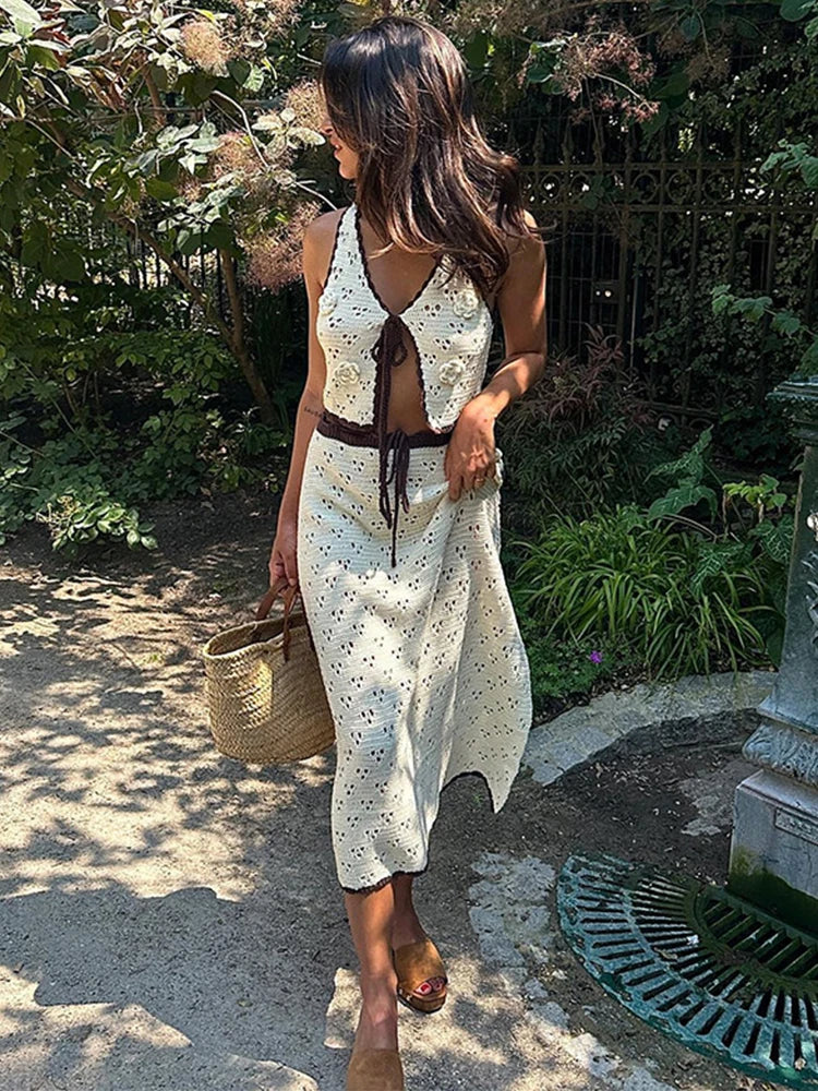 MQTIME - Women Knitted 2 Pieces Sets With Skirt Casual Hollow Out V Neck Crop Tank Top Split Skirts Lace Up Suit For Lady Summer Elegant