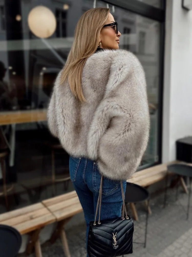 MQTIME - Fashion Faux Fur Jacket Coat Women Warm Fluffy Loose Long Sleeve V-neck Female Cardigan Winter Solid Lady Street Outwear