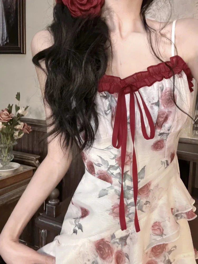 MQTIME - French Elegant Evening Party Mini Dress Women Vintage Y2k Slim Bow Print Irregular Design Strap Dress Summer Beach Style Fashion