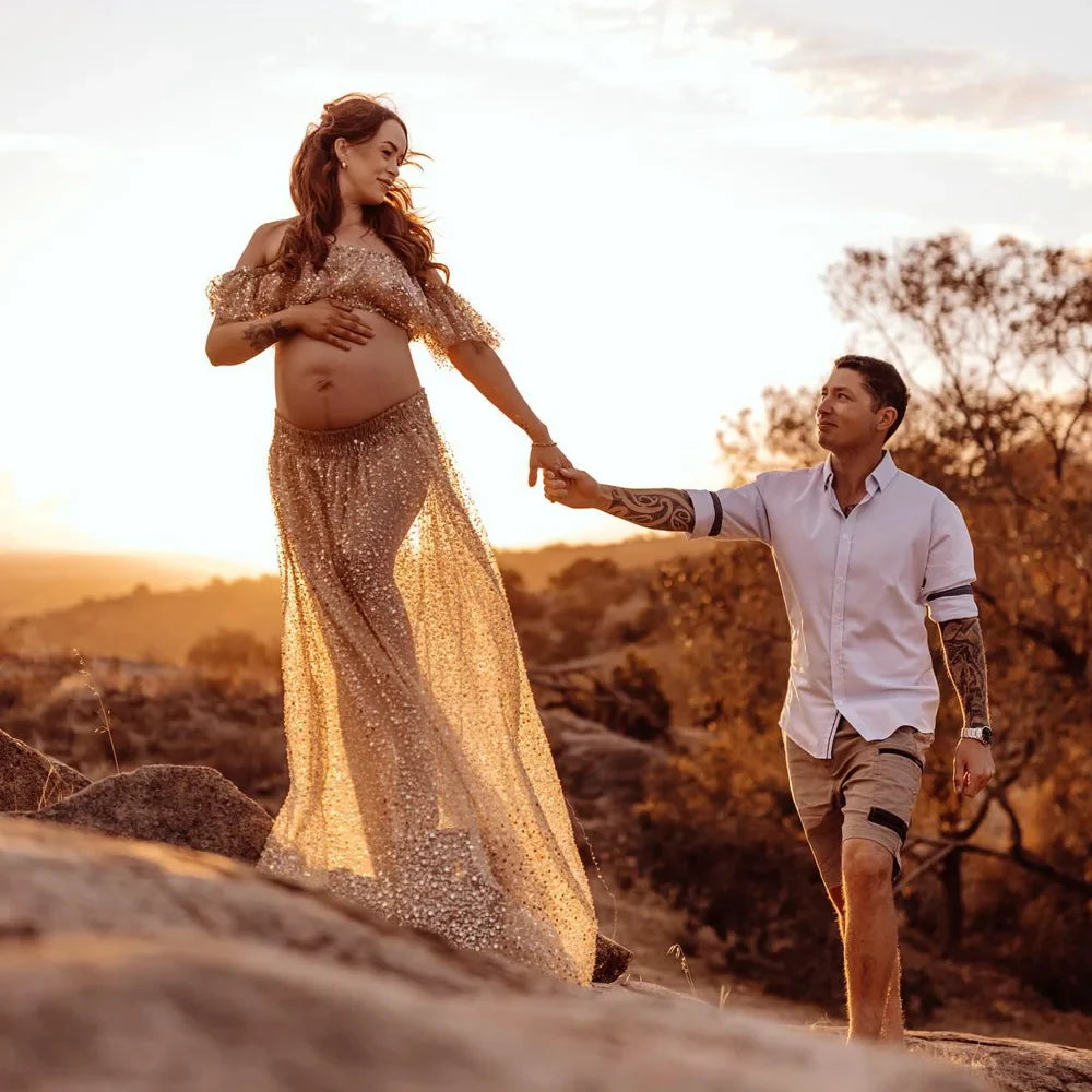 nvxiot - Golden Pearl Embroidered Hard Yarn Two Piece Set Photo Shoot Photography Dress For Women Maternity Photography Dresses