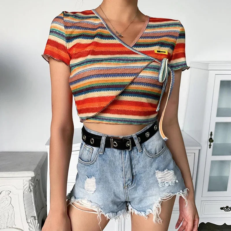 MQTIME - Bandage All-Match Irregular Criss Cross Fashion Casual Crop T-Shirts Summer Women Short Sleeve V-Neck Multicolor Stripe Top