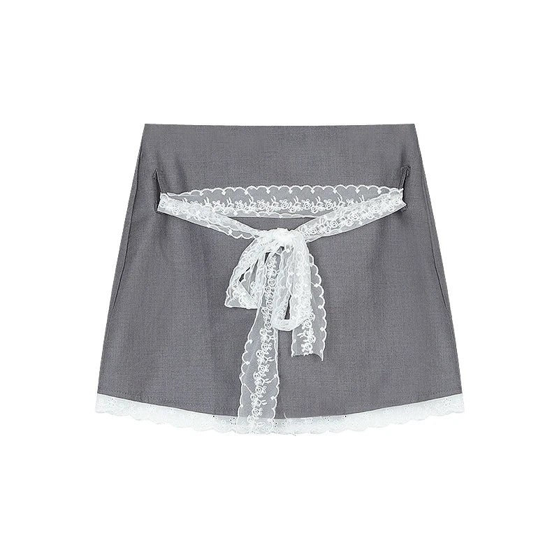 MQTIME - Black Hip Wrap Mini Skirt Women Kawaii Lace Patchwork High Waist A-line Skirt Summer Fashion Korean Style Cutecore Skirt