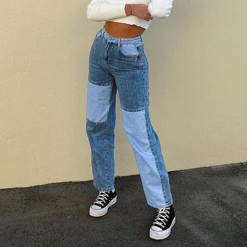 nvxiot Summer new straight leg jeans women'sEurope and the United States hip-hop street color splicing thin casual jeans and trousers