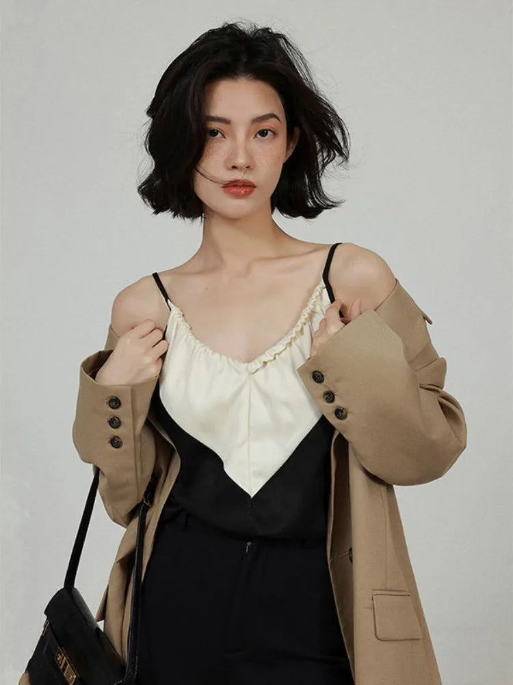 MQTIME - Elegant Satin Crop Top Women Black White Contrast Patchwork Backless Camis Office Lady V-neck Casual Halter Tops Summer