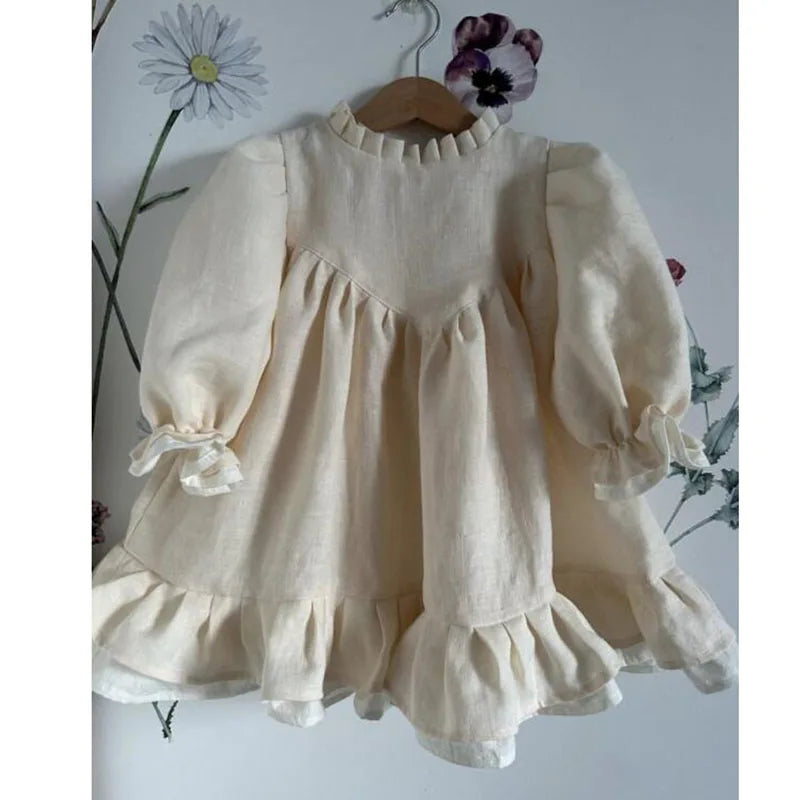 MQTIME - Spring Toddler Big A-line Girls Dress Linen Dress for Girls Puff Sleeve Princess Kids Clothes Patchwork Dresses 2-7Y