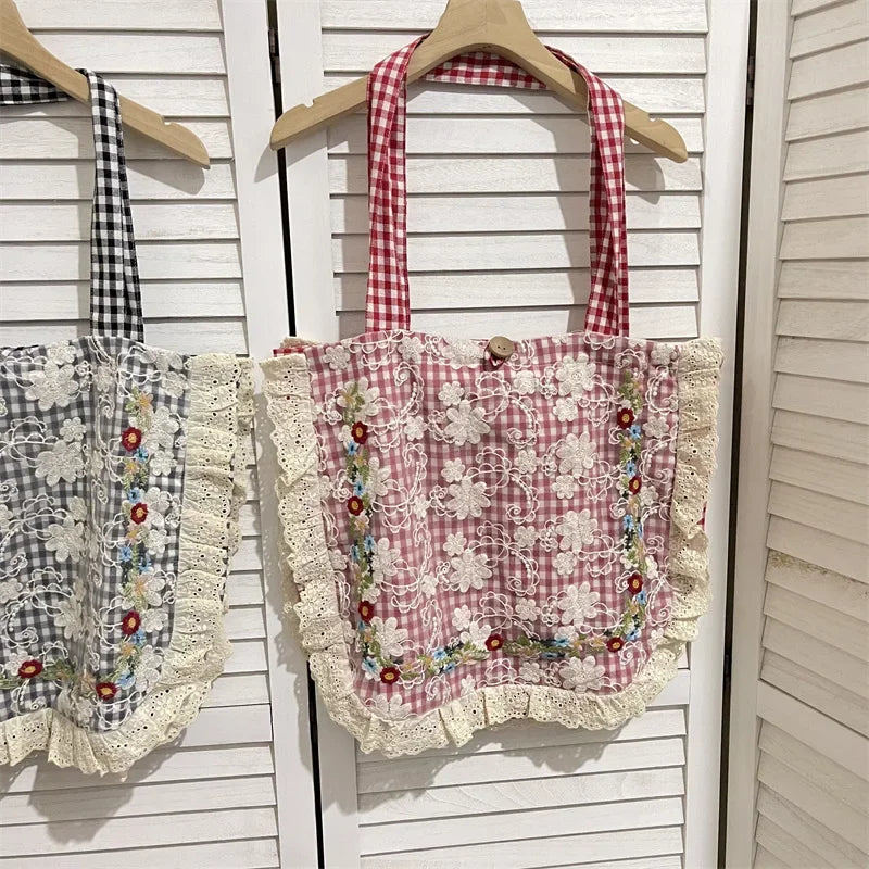 nvxiot - Women Vintage Plaid Lace Embroidery Single Shoulder Bags Totes Women's Soft Floral Cotton Large Capacity Bag
