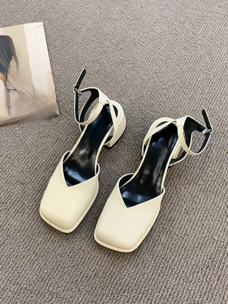 MQTIME - Summer Hollow Out Pure Color Sandals Woman Non Slip Casual Elegant Shoes Beach Korean Style Buckle Medium Heels Shoes Slim