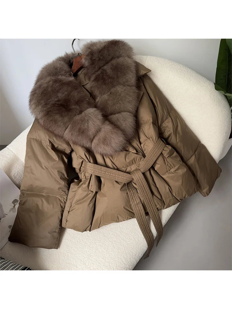 MQTIME - 2024 Autumn Winter Women 90% White Duck Down Jacket Fox Fur Coat Parkas Feather Short Puffer Coat