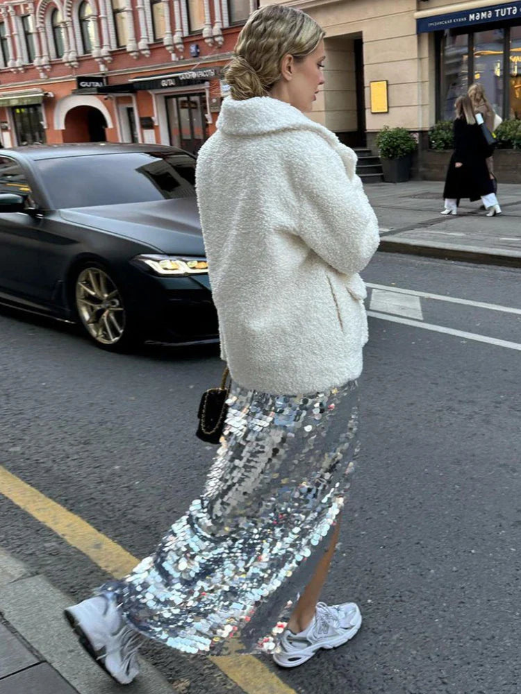 nvxiot - Party Shiny Sequined Skirt Hot Girls Fashion High Waist Slit Loose Long Skirts Femme Street Fashion Club Sexy Maxi Skirt