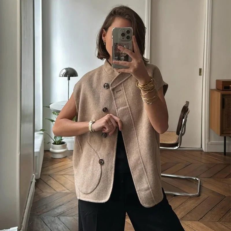 MQTIME - Vintage Single Breasted Vest for Women Spring Autumn Loose Sleeveless O-neck Pockets Waistcoat Jacket Female Fashion Streetwear