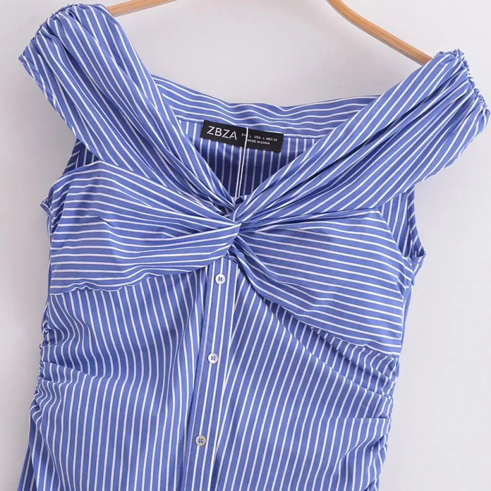 MQTIME - Summer Stripe Off Shoulder Long Dress Casual Sleeveless Single Breasted Dresses V-Neck Pleated Versatile Vestidos for Streetwear