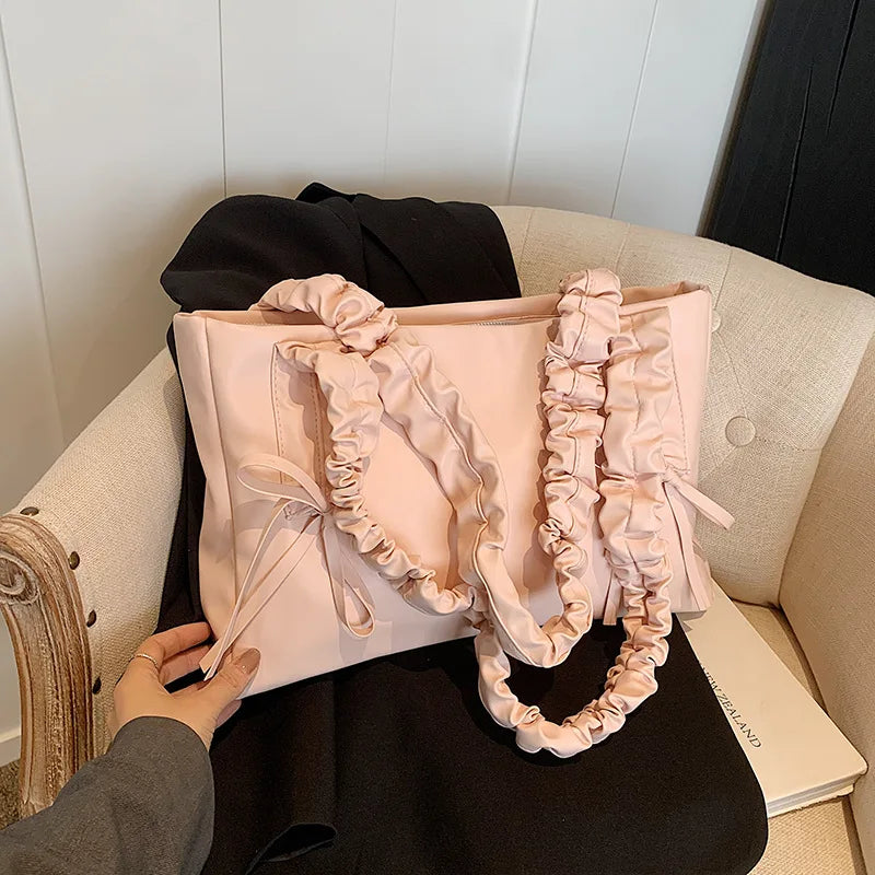 nvxiot - Pink Blue White Bow Pu Handbags Fashion Simple Big Capacity Casual Shoulder Bags For Women Trendy Daily Party Tote Handbags 2024