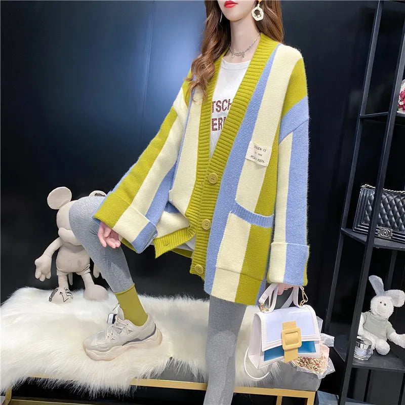 MQTIME - Korean Girls Sweaters Autumn Sweater Colorful Striped Cardigan Women's Single Breasted V-neck Knitwear Cozy Loose Cardigans