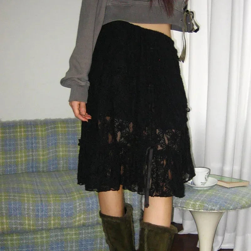 MQTIME - Y2K Beige Fairycore Asymmetrical Lace Trim Shirring Skirts Tie Bow Women @E-girl 2000s Grunge Aesthetics Korean Cloth Harajuku