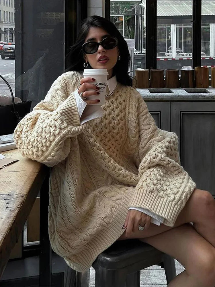 nvxiot - Women Overtised Loose Solid Long Sleeve Knit Cardigan Elegant O Neck Short Sweaters 2024 Autumn Lady High Streetwear