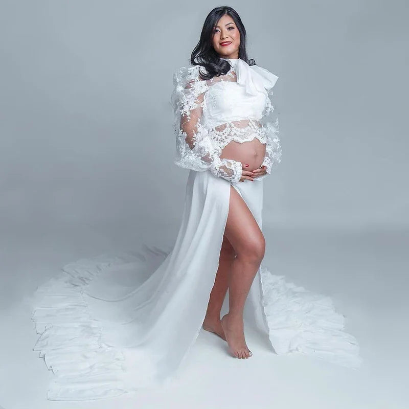 nvxiot - Shrugged Sleeves Maternity Photography Dress Fashionable Half High Neck Lace Chiffon Maternity Photography Photo Set Dresses